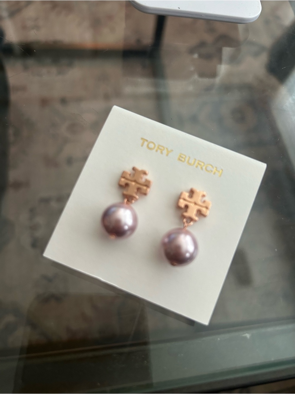 Tory Burch Kira Rose Gold Logo Drop Earrings with Lavender Pearls